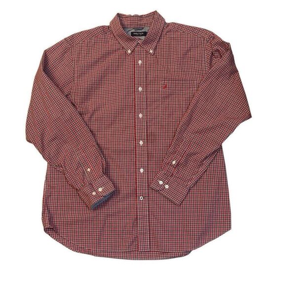 Nautica Long Sleeve Button Up Dress Shirt Small Pattern Red Navy Plaid Men Sz XL - Picture 1 of 12
